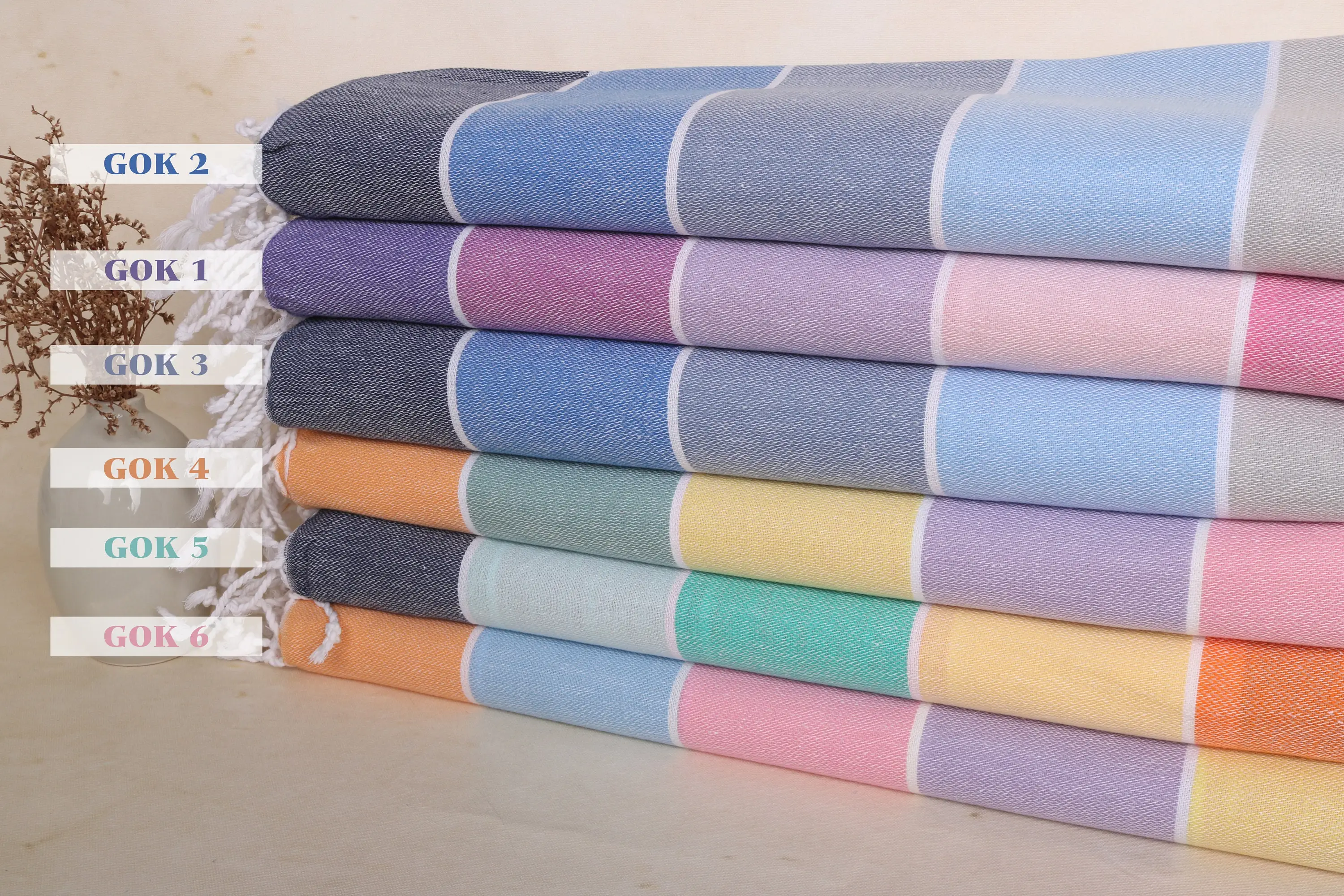 Striped Cotton Towel Organic Beige Handmade, 40x71 Inches - 1