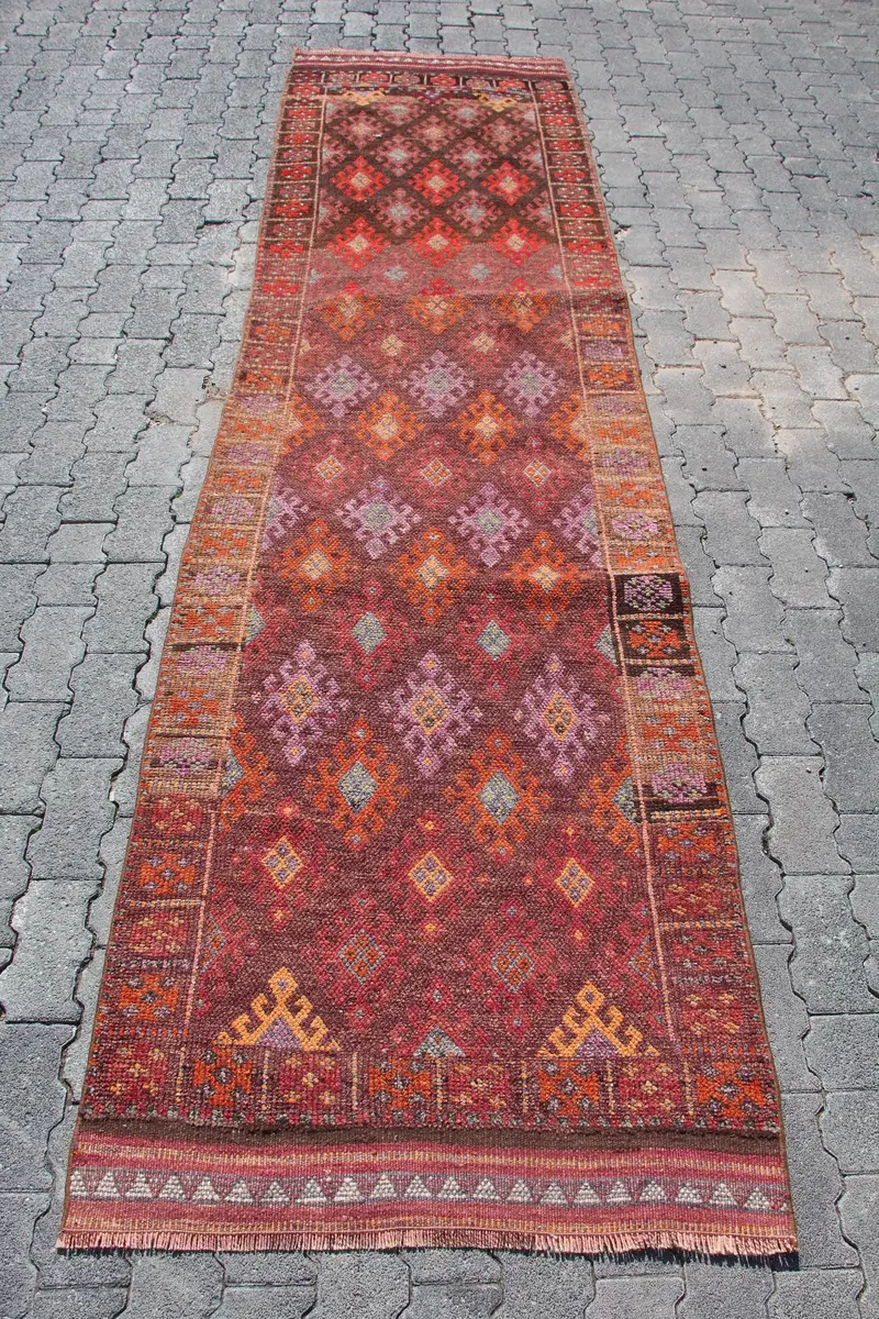 Vintage Türkischer Läuferteppich 3x11,2 Fuß, Rot-Orange-Teppich - 1