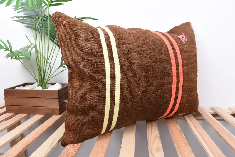Pillow Cover, Vintage Pillow Sham, Handmade Cushion Cover, Boho Pillow, 20x28 Brown Cushion Cover, Home Decor Pillow, Ethnical Kilim Rug Pillow - 4