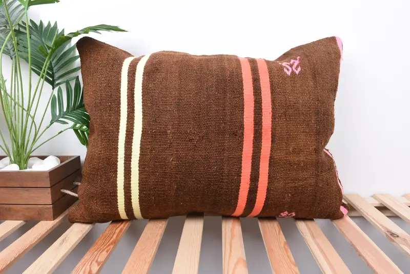 Pillow Cover, Vintage Pillow Sham, Handmade Cushion Cover, Boho Pillow, 20x28 Brown Cushion Cover, Home Decor Pillow, Ethnical Kilim Rug Pillow - 1