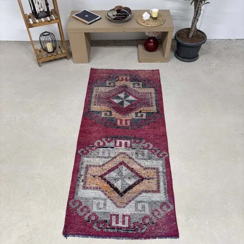 Turkish 3x6.8 ft Rug, Accent Vintage Rug, Red Gray Striped Wool Rug - 1