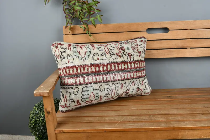 Vintage Kilim Pillow, Cushion Case, Outdoor Bolster Pillow, Boho Pillow Sham Cover, Vintage Kilim Throw Pillow, 16x24 Beige Pillow - 1