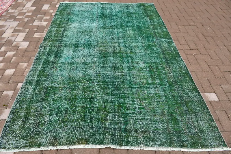 トルコヴィンテージラージラグ5.5x8.4フィート、グリーンブルーストライプウールラグ - 1