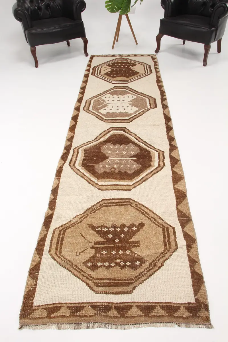 2.9x10.6 ft Vintage Rug, Turkish Runner Rug, Brown Abstract Wool Rug - 1