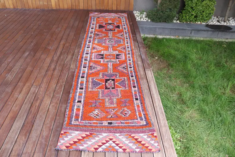 2.6x10.8 ft Turkish Vintage Rug, Runner Rug, Orange Herki Striped Rug - 1