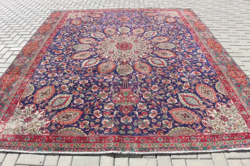 Blue Oriental Rug, 10.2x10.24 ft with Red Accents