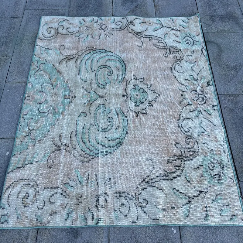 Vintage Turkish Rug 3.5x4.4 ft, Blue Oushak Oriental Rug - 1