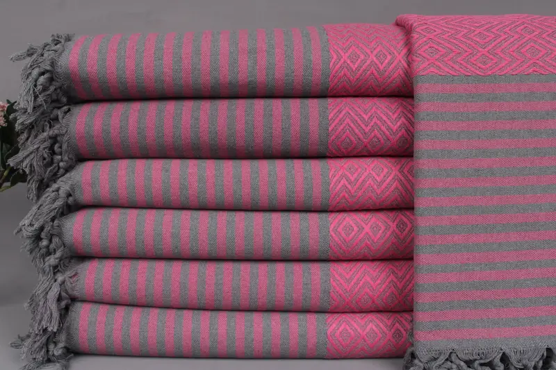 Custom Fuchsia Diamond Throw Blanket, Turkish Cotton, Beige, 79x103 Inches