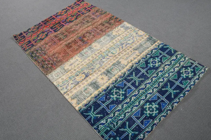 Turkish Vintage Rug, 3.2x5.7 ft Oushak Rug, Blue Moroccan Wool Rug - 1