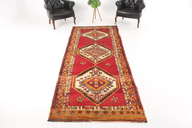 Türkischer Vintage-Teppich 4,1 x 10,5 Fuß (124 x 320 cm), Oushak-Roter Massivteppich - 1