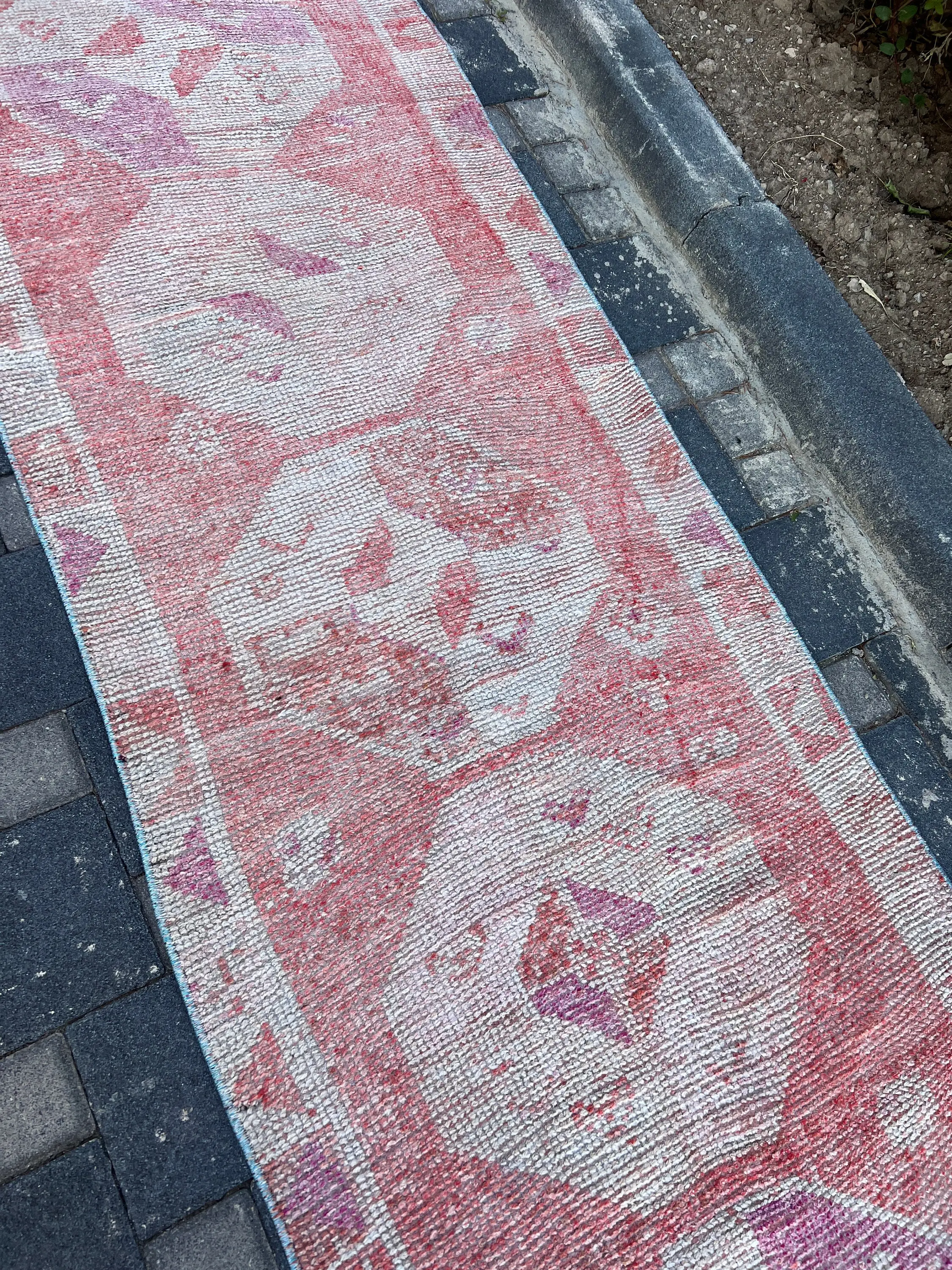 2.6x12.2 ft Runner Vintage Rug, Turkish Rug, Red Pink Oriental Wool Rug - 1
