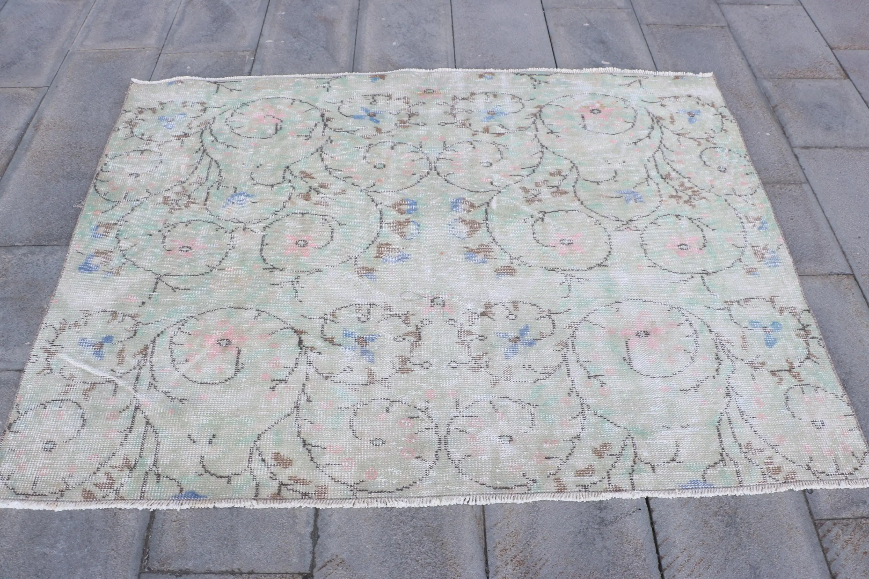 5.6x4.2 ft Accent Vintage Halı, Türk Halısı, Yeşil Mavi Bitkiler ve ağaçlar Yün Halı - 1