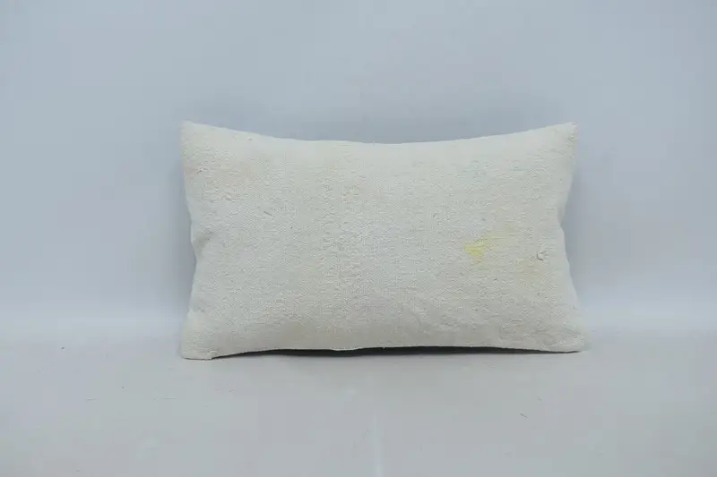 Turkish Plaid Wool Pillow Case, Antique 12x20 inch Beige Cushion - 1