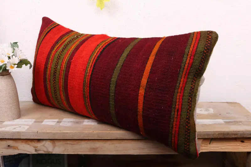 Cushion Case, Interior Designer Pillow, Kilim Cushion Sham, 12x24 Red Pillow Cover, Handmade Pillow Cover, Vintage Kilim Pillow - 4