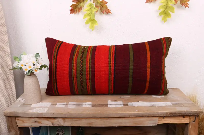Cushion Case, Interior Designer Pillow, Kilim Cushion Sham, 12x24 Red Pillow Cover, Handmade Pillow Cover, Vintage Kilim Pillow - 1