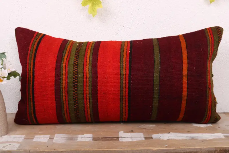 Cushion Case, Interior Designer Pillow, Kilim Cushion Sham, 12x24 Red Pillow Cover, Handmade Pillow Cover, Vintage Kilim Pillow - 2