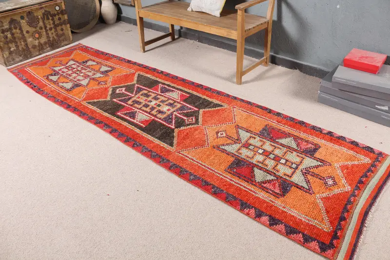 Vintage Turkish Rug 2.8x11.1 ft (85x338 cm), Herki Orange Rug - 1