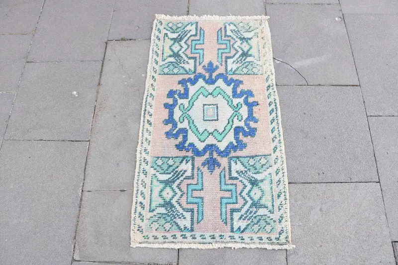 Turkish Vintage Rug, Small 1.3x2.7 ft (40x81 cm) Rug, Blue Wool Rug - 1
