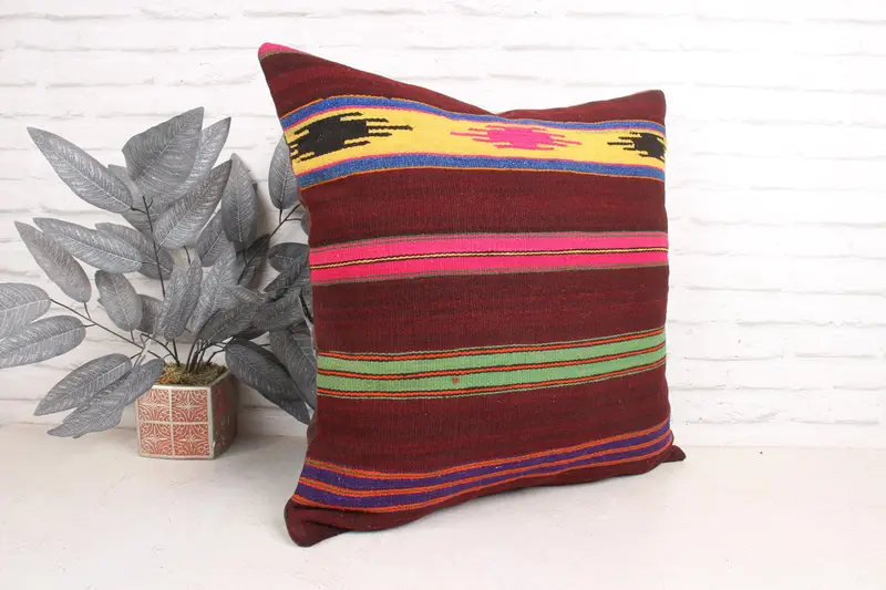 24x24 Red Cushion, Throw Kilim Pillow, Art Deco Cushion Case, Pillow for Sofa, Ethnical Kilim Rug Pillow, Pillow Sham - 3