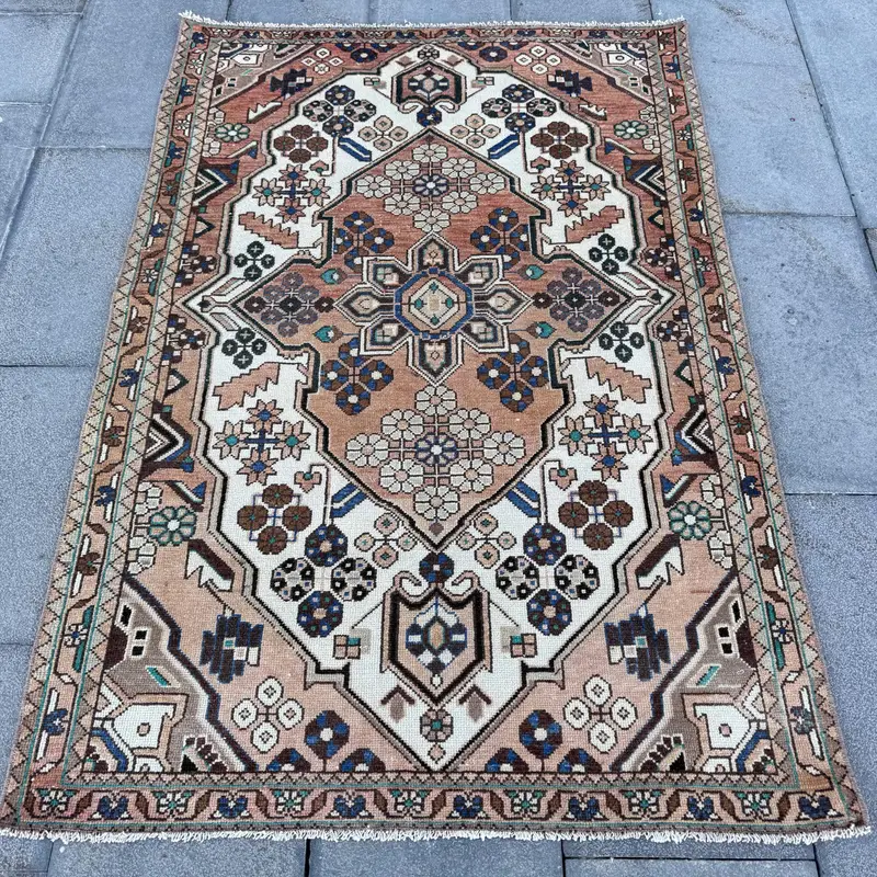 Turkish Accent Rug 3.4x5 ft, Vintage Oushak Brown Floral Wool Rug - 1