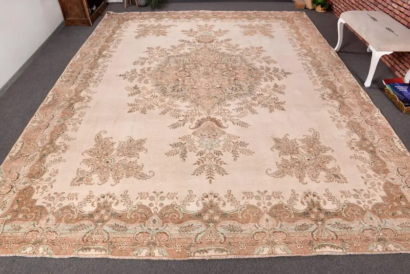 10.1x13 ft Oushak Turkish Rug, Brown Bordered Vintage Rug Wool - 1