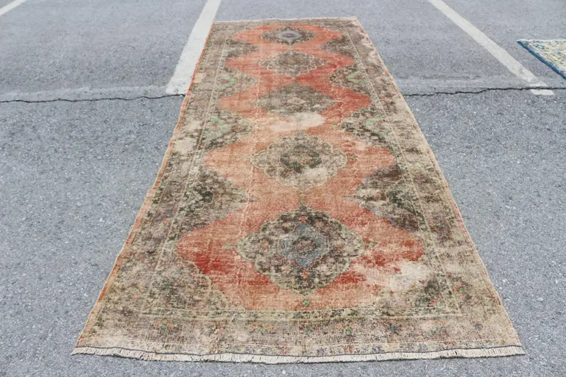 Vintage Runner Rug, 5x12.5 ft Turkish Rug, Red Floral Wool Rug - 1