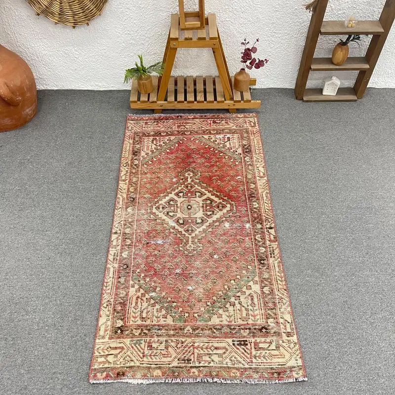 Red Abstract Rug, 2,5x4,9 ft with Green Accents