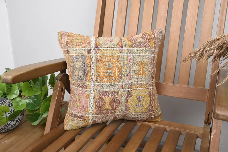 Orange & Rosa besticktes Wurfkissen, 14x14 handgemachtes geometrisches Kissen