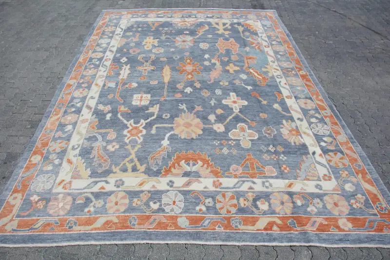 9.3x13.5 ft Vintage Türk Halısı, Büyük Boy Halı, Oushak Mavi Yün Halı - 1