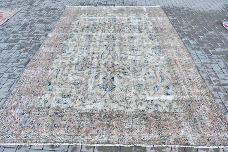 7x10.5 ft Vintage Türk Halısı, Büyük Boy Halı, Mavi Gri Puantiyeli Yün Halı - 1