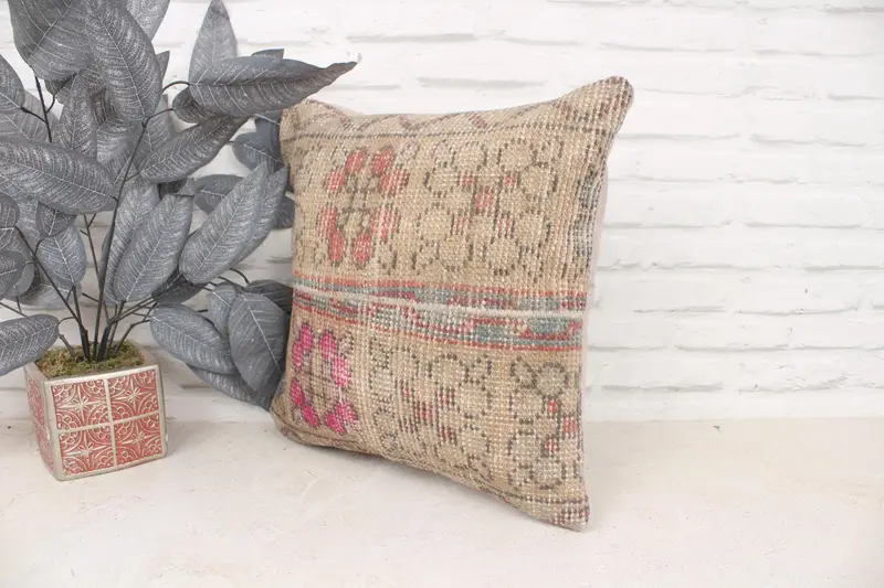Vintage Kilim Pillow, Throw Kilim Pillow, Pet Cushion Cover, Pillow Case, 16x16 Beige Cushion, Vintage Kilim Throw Pillow - 4