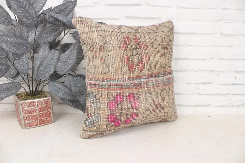 Vintage Kilim Pillow, Throw Kilim Pillow, Pet Cushion Cover, Pillow Case, 16x16 Beige Cushion, Vintage Kilim Throw Pillow - 3