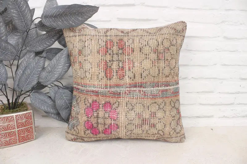 Vintage Kilim Pillow, Throw Kilim Pillow, Pet Cushion Cover, Pillow Case, 16x16 Beige Cushion, Vintage Kilim Throw Pillow - 1
