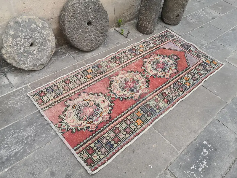 Türk Halısı, 3x6.3 ft Accent Halı, Kırmızı Mavi Oushak Yün Halı - 1