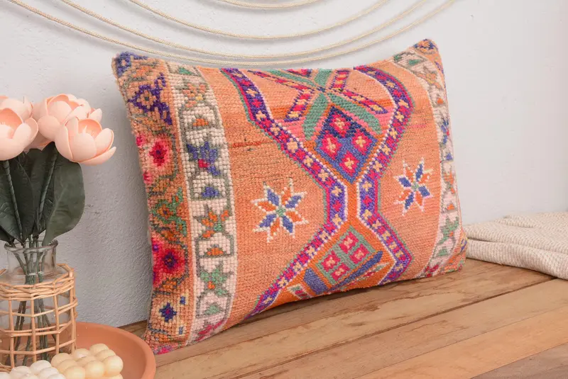 Orange & Bronze besticktes Wurfkissen, 16x24 handgemachtes Leinenkissen