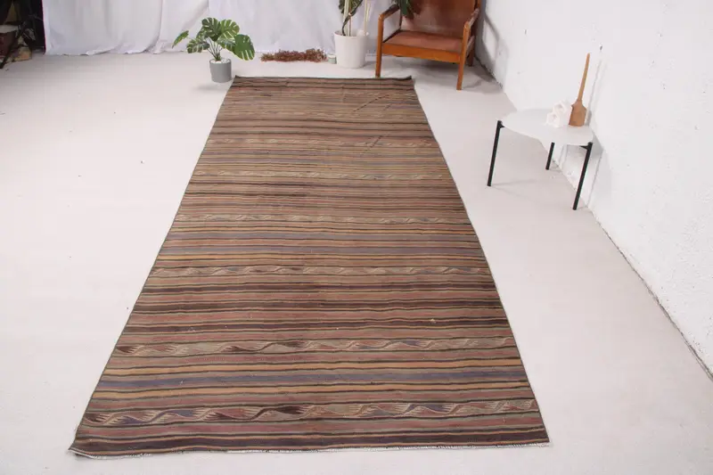 Zarif Yeşil ve Mor Halı, 4,4x11,2 ft İran Desenli