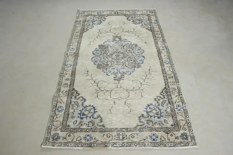 Vintage 3.7x6.6 ft Halı, Oushak Türk Halısı, Mavi Oryantal Yün Halı - 1