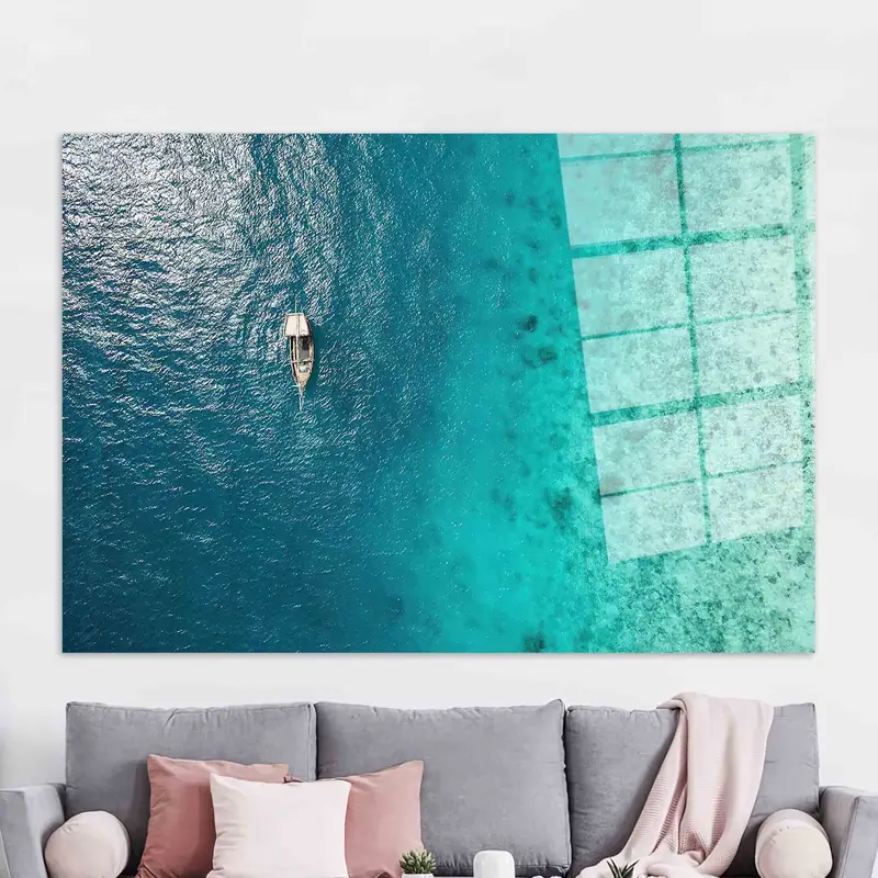 Zarif Baskılı Cam: Okyanus Mavisi Deniz Manzaralı Tasarım