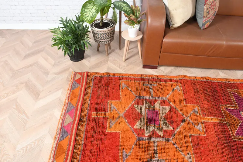 Oushak Turkish Rug, 3.3x10.5 ft Vintage Rug, Orange Floral Wool Rug - 1