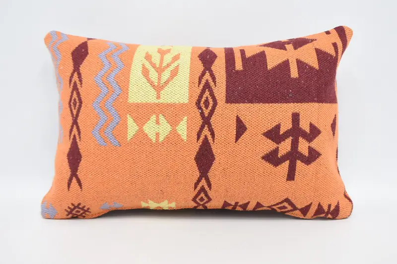 Kilim Pillow, Pillow Cover, 16x24 Orange Cushion Case, Handmade Kilim Cushion, Accent Pillow, Crochet Pattern Pillow Cover, Vintage Kilim Pillow - 1