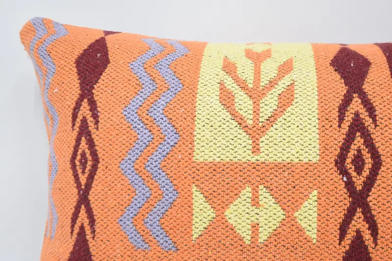 Kilim Pillow, Pillow Cover, 16x24 Orange Cushion Case, Handmade Kilim Cushion, Accent Pillow, Crochet Pattern Pillow Cover, Vintage Kilim Pillow - 2