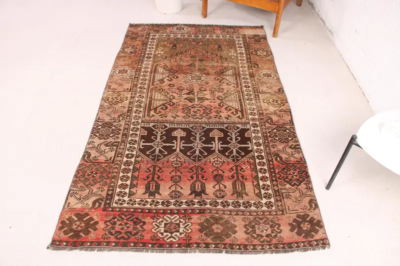 Handmade Red Rug, 3,1x6,2 ft with Brown Accents