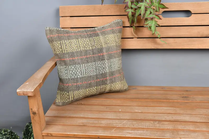 Pillow, Throw Kilim Pillow, Knitted Pillow Case, 16x16 Yellow Pillow Case, Home Decor Pillow, Kilim Pillow Cover, Boho Chic Pillow, Ottoman Pillow - 1