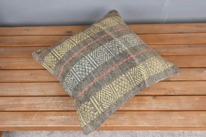 Pillow, Throw Kilim Pillow, Knitted Pillow Case, 16x16 Yellow Pillow Case, Home Decor Pillow, Kilim Pillow Cover, Boho Chic Pillow, Ottoman Pillow - 2