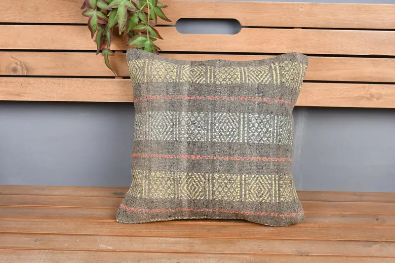Pillow, Throw Kilim Pillow, Knitted Pillow Case, 16x16 Yellow Pillow Case, Home Decor Pillow, Kilim Pillow Cover, Boho Chic Pillow, Ottoman Pillow - 6