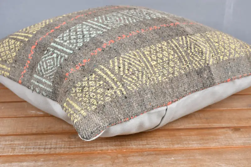 Pillow, Throw Kilim Pillow, Knitted Pillow Case, 16x16 Yellow Pillow Case, Home Decor Pillow, Kilim Pillow Cover, Boho Chic Pillow, Ottoman Pillow - 4