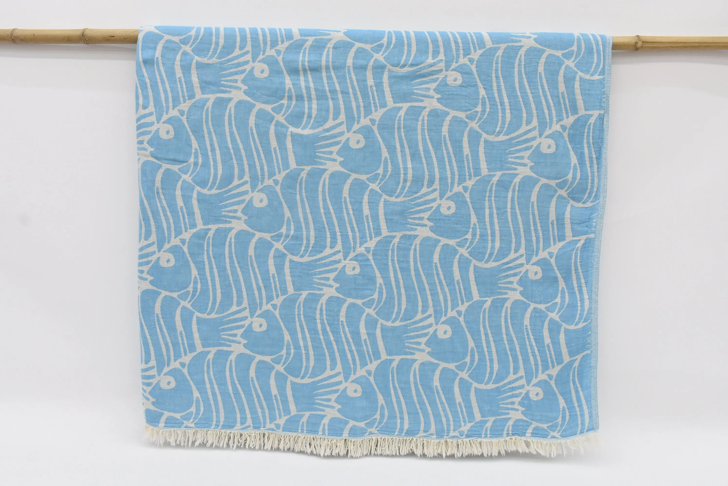 Turkish Blanket Turquoise Fish Pattern, Organic Cotton, 95x71 Inches - 1