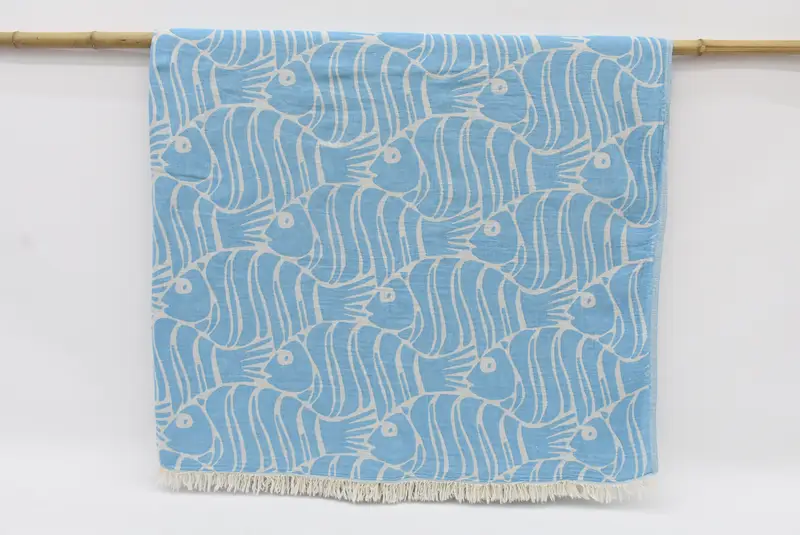 Turkish Blanket Turquoise Fish Pattern, Organic Cotton, 95x71 Inches