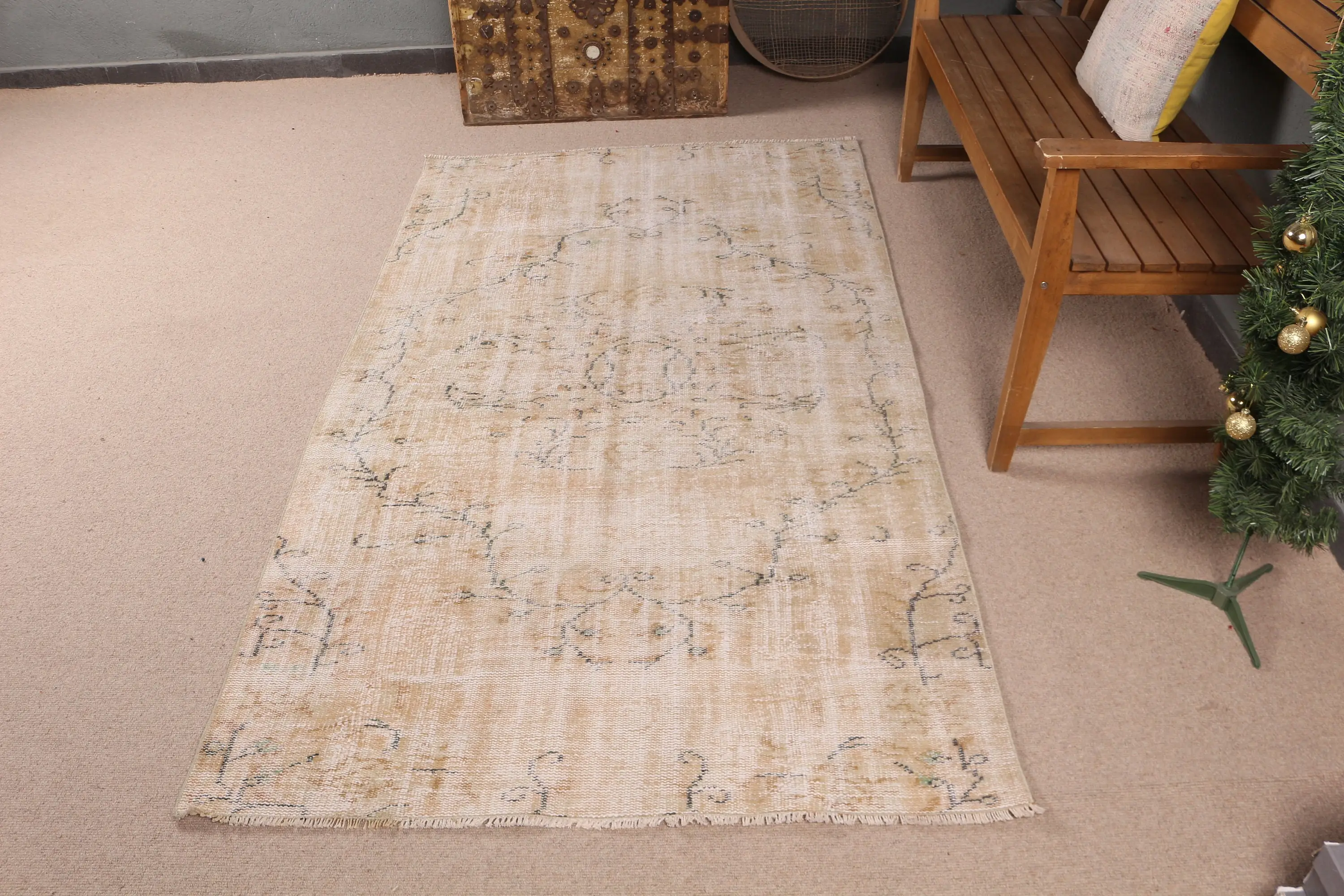 Türkischer Vintage-Teppich, 4 x 6,9 Fuß großer Teppich, braun-blau gepunkteter Wollteppich - 1