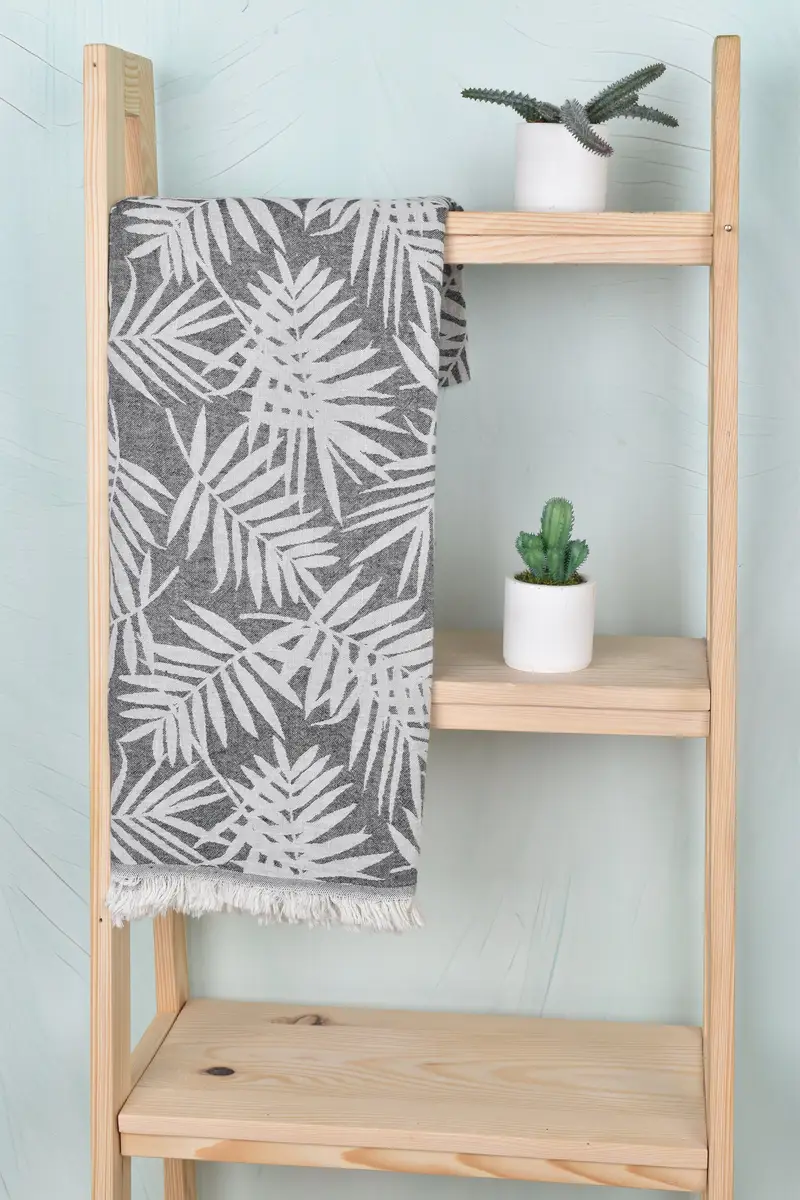 Floral Patterned Monogrammed Black Cotton Beach Towel, 40x63 Inches